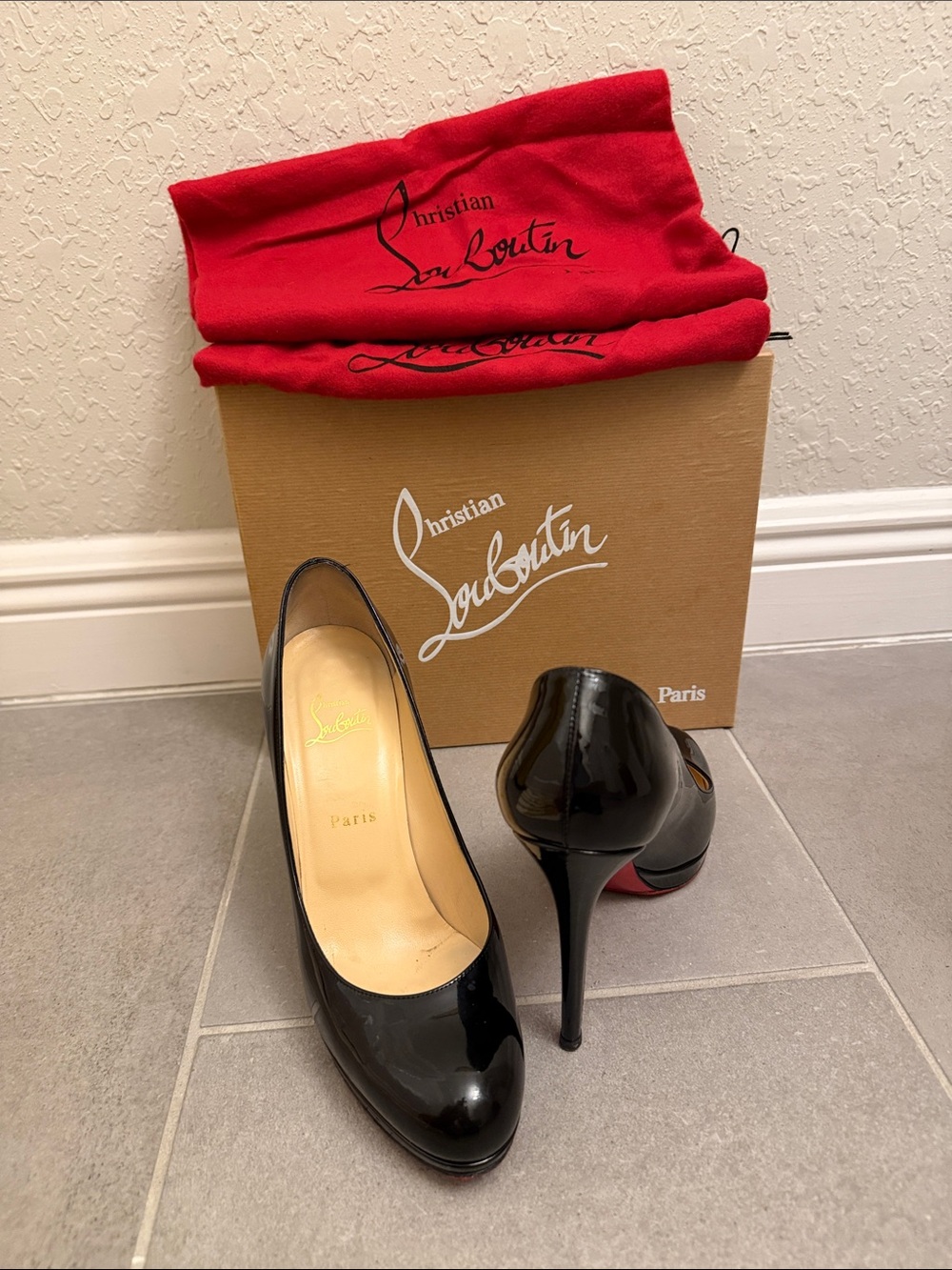 Christian Louboutin Black Patent Leather Platform Pumps with Red Soles
